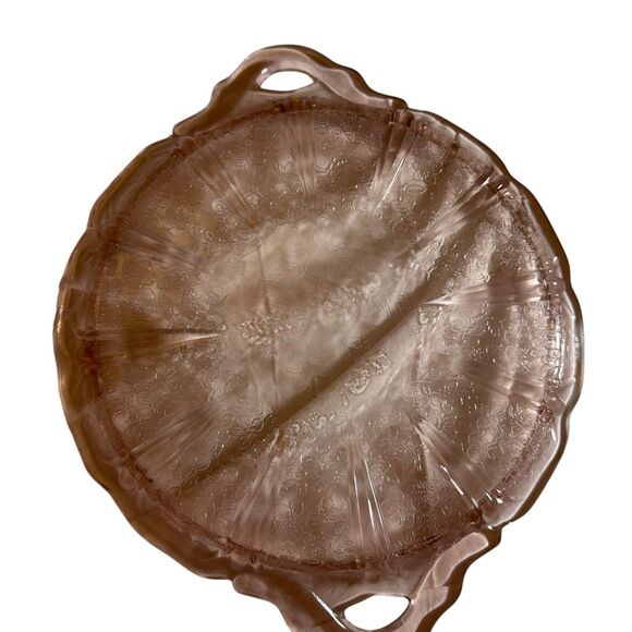 Vintage Jeanette Pink Depression Glass Platter Tray Handled Cherry Blossom - Picture 7 of 8